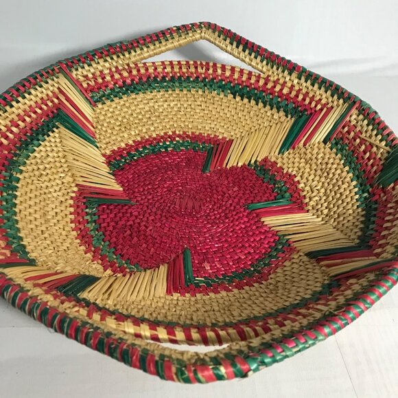 Handwoven Basket Woven Grass Red Green Beige Natural Dye Loop Handles 12" - Picture 6 of 7